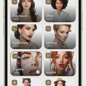 K&ouml;nnte beinhalten: Ein Smartphone-Bildschirm, der die Benutzeroberfl&auml;che einer mobilen App mit dem Titel Looks anzeigt. Der Bildschirm enth&auml;lt eine Suchleiste und acht rechteckige Kacheln mit verschiedenen Make-up-Stilen, beschriftet als Daily Natural, Office, Night & Party, Wedding, Trending, Glamour, Bridal und Birthday, sowie eine Navigationsleiste am unteren Rand.