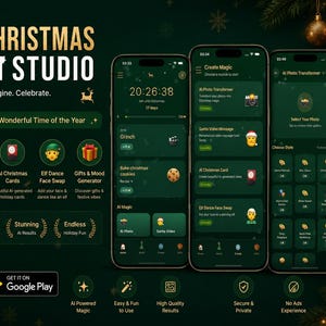 Op de afbeelding: Een promotionele afbeelding voor de mobiele applicatie Christmas AI Studio, met vier smartphoneschermen die de donkergroene interface, diverse AI-foto- en videobewerkingsmodules en de tekst Christmas AI Studio weergeven.
