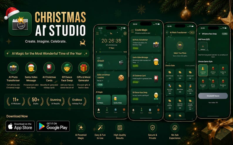 Peut inclure: Un graphique promotionnel pour l'application mobile Christmas AI Studio, pr&eacute;sentant quatre &eacute;crans de smartphone affichant l'interface vert fonc&eacute;, divers modules de retouche photo et vid&eacute;o IA, et le texte Christmas AI Studio.