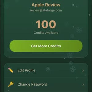 Peut inclure: Un &eacute;cran de profil d'application mobile sur fond vert fonc&eacute; avec des ic&ocirc;nes de flocons de neige. L'interface affiche un avatar utilisateur avec la lettre A, le nom Apple Review, une adresse e-mail et un solde de 100 cr&eacute;dits disponibles.