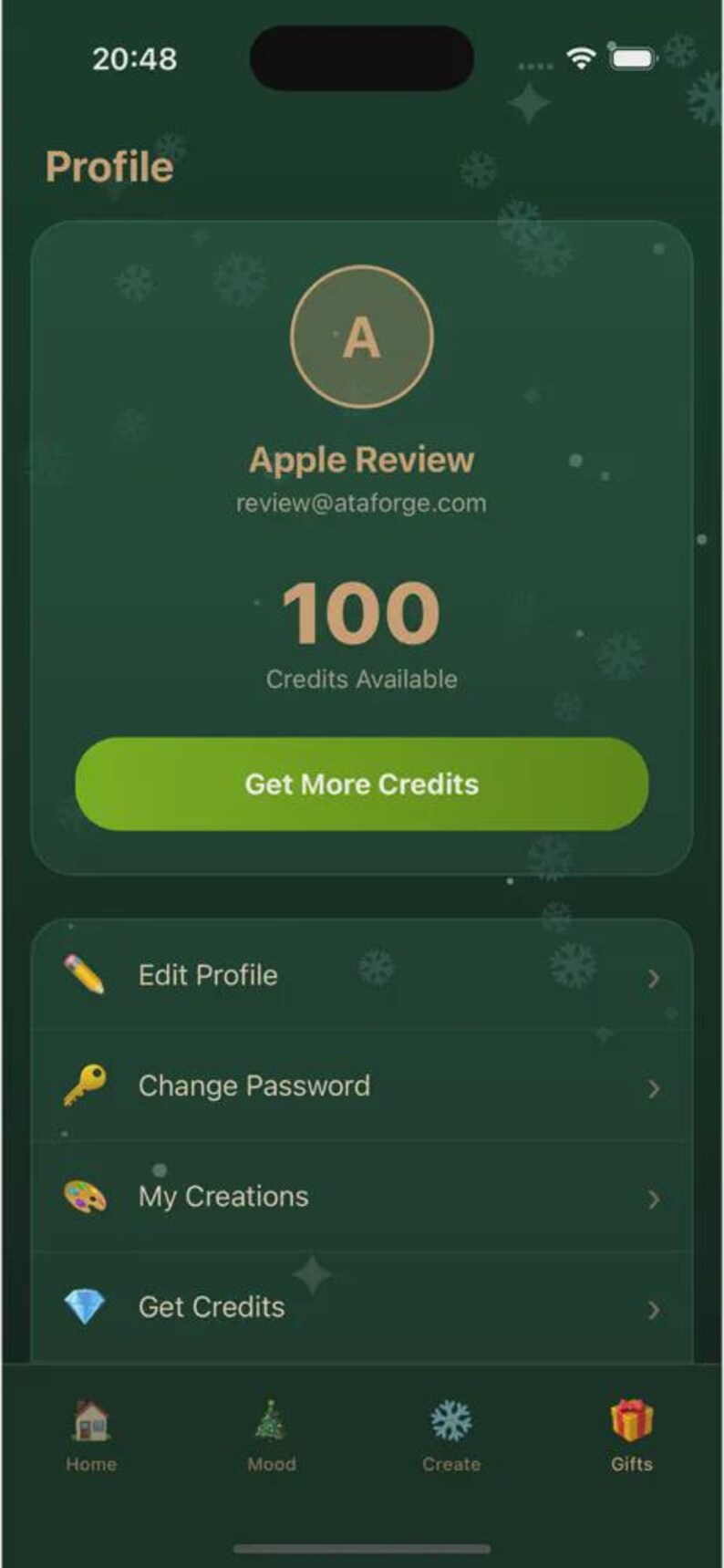 Peut inclure: Un &eacute;cran de profil d'application mobile sur fond vert fonc&eacute; avec des ic&ocirc;nes de flocons de neige. L'interface affiche un avatar utilisateur avec la lettre A, le nom Apple Review, une adresse e-mail et un solde de 100 cr&eacute;dits disponibles.