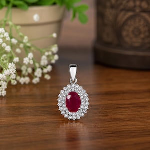 4.50 Ct Oval Natural Ruby & Diamond White Gold Classic Pendant Necklace Elegant Bridal Jewelry