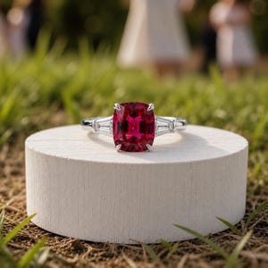 Puede incluir: Un anillo de plata con una gran piedra preciosa de rubí rojo intenso en talla cojín en el centro, flanqueada por dos diamantes transparentes más pequeños en talla baguette a cada lado, montado en una banda de metal pulido con cuatro garras.