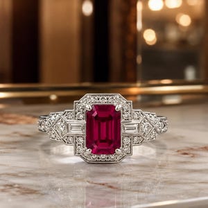 Puede incluir: Un anillo de tono plateado con una gran piedra preciosa rectangular de color rojo intenso en el centro. La piedra está rodeada por un halo geométrico de pequeños diamantes redondos transparentes y dos diamantes talla baguette en una banda detallada.