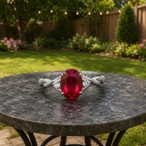 Op de afbeelding: Een zilverkleurige ring met een grote, ovaal geslepen, dieprode edelsteen als middelpunt. De ringband heeft een gedraaid metalen ontwerp en is geaccentueerd met twee kleine, heldere, rond geslepen stenen aan weerszijden van de rode edelsteen.