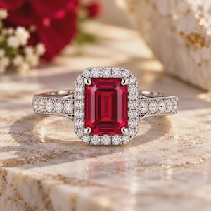 May include: A silver-toned ring featuring a large, rectangular, emerald-cut red gemstone at the center. The stone is surrounded by a halo of small, round, clear stones, with additional clear stones set along the band on both sides.
