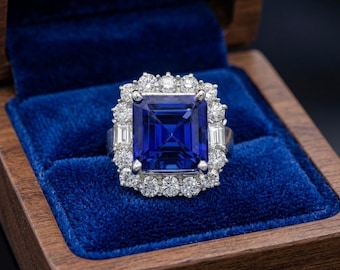 May include: A silver-toned ring featuring a large, square-cut deep blue gemstone at the center. The central stone is surrounded by a halo of small, round, clear white stones and two rectangular baguette-cut stones on the sides of the setting.