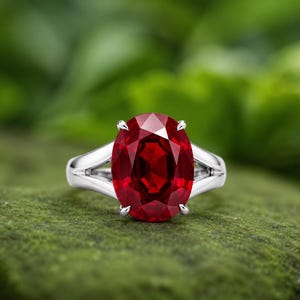 May include: A ring featuring a large, oval-cut, deep red gemstone set in a polished silver-toned metal band. The stone is secured by four prongs, and the band features a split-shank design that tapers towards the back of the ring.