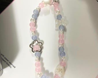 Pink and Blue Phonecharm Glass Bead Heart charm Phone Wrist Strap