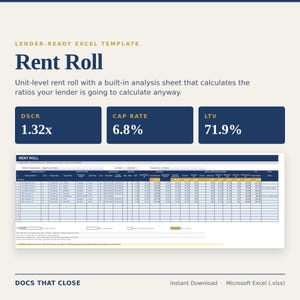 May include: A digital Excel template for a rent roll featuring a header with the text Lender-Ready Excel Template and Rent Roll. It displays financial metrics including DSCR 1.32x, Cap Rate 6.8%, and LTV 71.9% above a detailed spreadsheet grid.