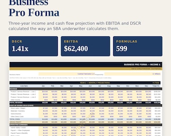 Modelo de Pro Forma Empresarial Pronto para Financiamento | Solicitação de Empréstimo SBA, Projeção de Receita e Fluxo de Caixa (Excel)