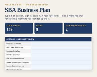 Modelo de Plano de Negócios para Empréstimo SBA | 8 Seções para Credores, Resumo de EBITDA e DSCR (Word Editável)