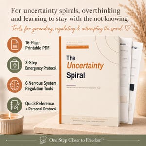 May include: A 16-page printable PDF titled The Uncertainty Spiral, featuring a 3-step emergency protocol, 6 nervous system regulation tools, and a quick reference personal protocol. The document cover is cream with orange and black text.