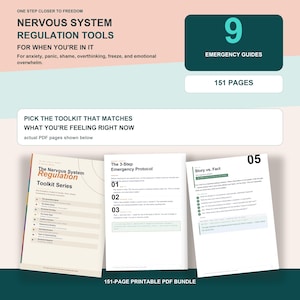 Op de afbeelding: Een digitale productbundel met de titel "Nervous System Regulation Tools". De afbeelding bevat een turquoise achtergrond met het nummer "9" en de woorden "Emergency Guides". De bundel bevat 151 pagina's met afdrukbare PDF's.
