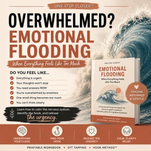 Peut inclure: Un cahier d'exercices imprimable intitulé Emotional Flooding: When Everything Feels Like Too Much, avec une illustration de vague et de soleil sur la couverture. La page présente une liste de symptômes, la méthode Hook et des icônes.