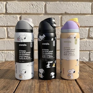 Snoopy Peanuts Owala FreeSip 32oz Water Bottle Black White Tan Insulated Straw Lid Leak Proof Tumbler Gift for Her image 1