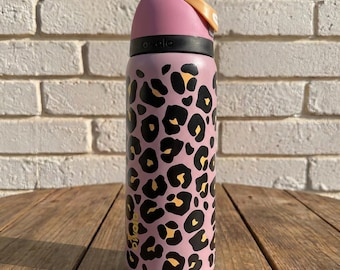 Pink Leopard Print Owala Handmade Custom Water Bottle Cheetah Tumbler Insulated Straw Lid Leak Proof Animal Print Gift for Her