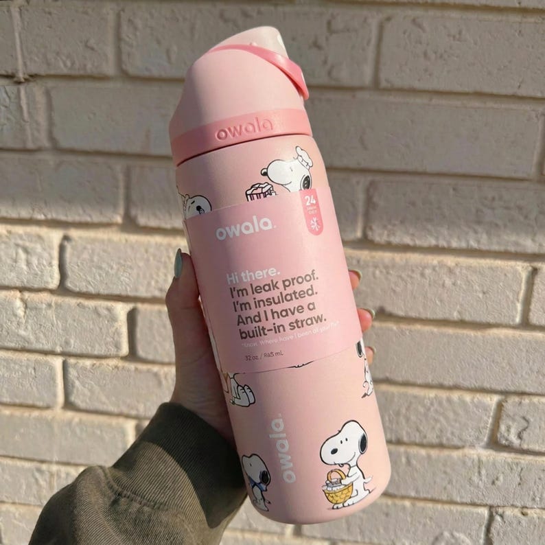 Snoopy Peanuts Pink Owala FreeSip Water Bottle 32oz Insulated Straw Lid Leak Proof Tumbler Gift for Her image 2
