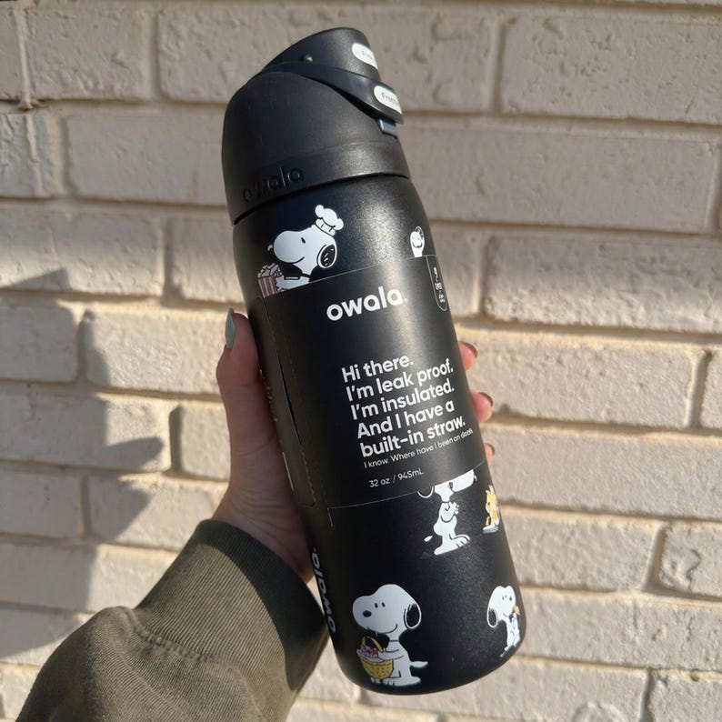 Snoopy Peanuts Owala FreeSip 32oz Water Bottle Black White Tan Insulated Straw Lid Leak Proof Tumbler Gift for Her image 2