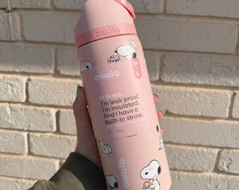 Snoopy Peanuts Pink Owala FreeSip Water Bottle 32oz Insulated Straw Lid Leak Proof Tumbler Gift for Her
