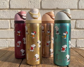 Snoopy Woodstock Peanuts 32oz Owala Handmade Custom Water Bottle Metallic Tumbler Insulated Leak Proof FreeSip Straw Lid Gift for Her