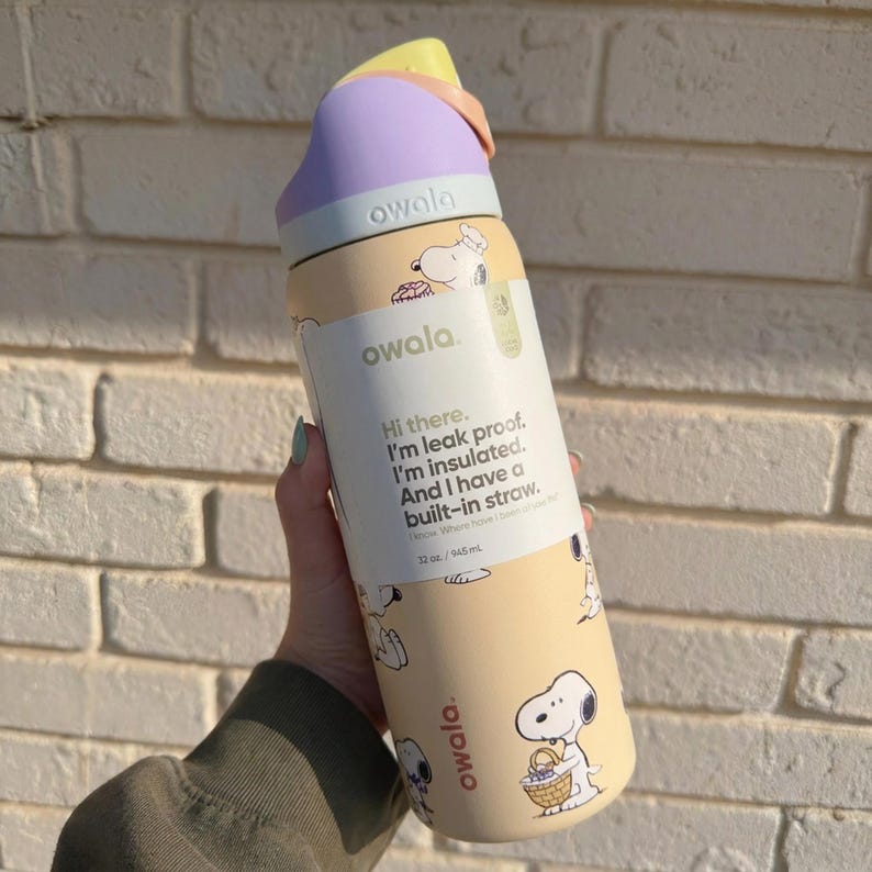 Snoopy Peanuts Owala FreeSip 32oz Water Bottle Black White Tan Insulated Straw Lid Leak Proof Tumbler Gift for Her image 5