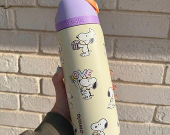 Snoopy Love Owala FreeSip Water Bottle Yellow Peanuts Woodstock Insulated Tumbler Straw Lid 32oz Cute Gift for Her