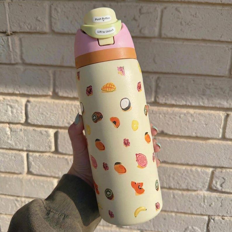 Tropische Frucht Owala handgemachte benutzerdefinierte Wasserflasche Creme Sommer Becher auslaufsicher Strohdeckel Geschenk für sie Bild 4