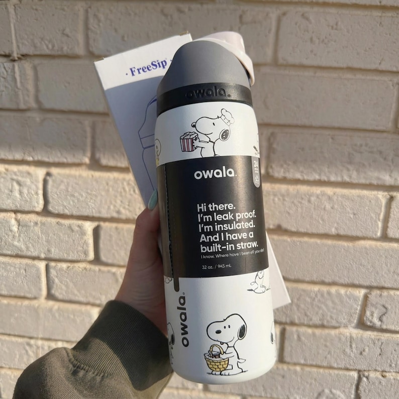 Snoopy Peanuts Owala FreeSip 32oz Water Bottle Black White Tan Insulated Straw Lid Leak Proof Tumbler Gift for Her image 3