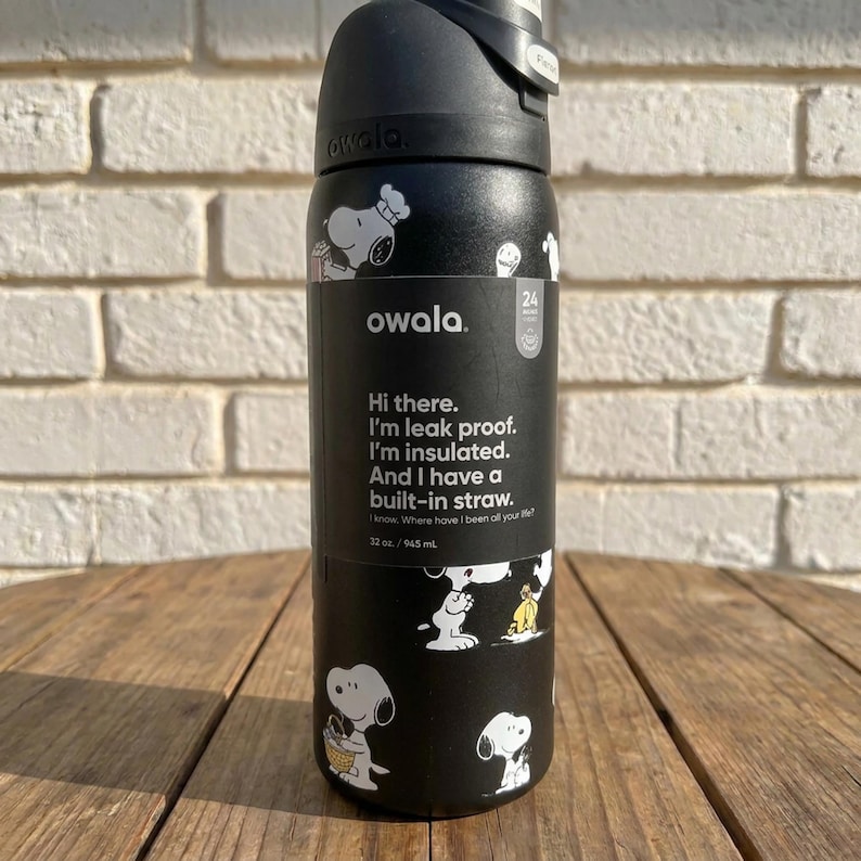 Snoopy Peanuts Owala FreeSip 32oz Water Bottle Black White Tan Insulated Straw Lid Leak Proof Tumbler Gift for Her image 4