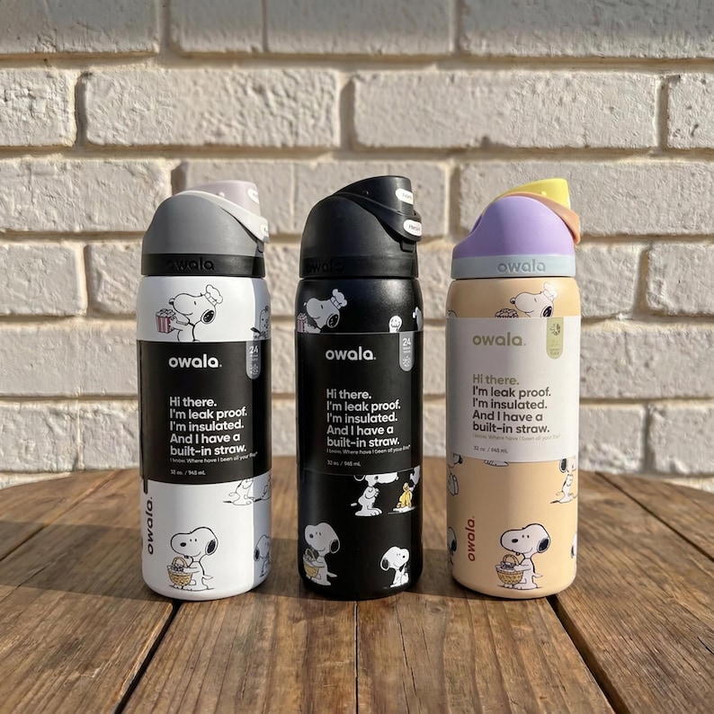 Snoopy Peanuts Owala FreeSip 32oz Water Bottle Black White Tan Insulated Straw Lid Leak Proof Tumbler Gift for Her image 1