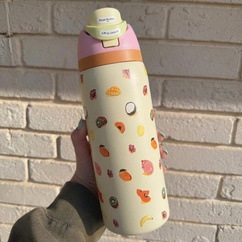 Tropische Frucht Owala handgemachte benutzerdefinierte Wasserflasche Creme Sommer Becher auslaufsicher Strohdeckel Geschenk für sie Bild 3