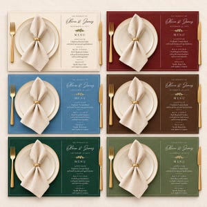 May include: Six rectangular place mats in cream, burgundy, blue, brown, dark green, and sage green. Each features a white plate, a beige napkin in a gold ring, a gold fork, and a gold knife. The right side displays a wedding menu for Olivia & James.