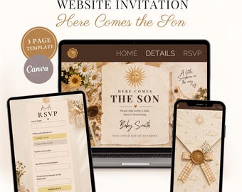 May include: A digital website invitation template for a baby shower featuring a sun motif and the text Here Comes the Son. The design includes a laptop, tablet, and smartphone displaying RSVP forms and event details with a beige and brown color palette.