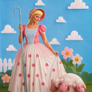 May include: A character costume featuring a pink bonnet, a pink and light blue bodice with a scalloped pattern, and a white floor-length skirt with pink polka dots. The outfit includes a long light blue shepherd's crook and a three-headed sheep prop.