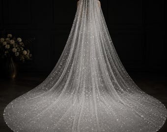 Sparkling Glitter Cathedral Veil, Ivory Illusion Tulle, Bridal Comb, Wedding Accessory