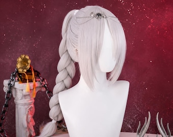 Peluca Shadowheart / Peluca de cosplay con coleta trenzada blanco plateado, cabello sintético resistente al calor