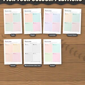 The planner in 7 colour editions: calm, bright, lavender, forest green, sunset, monochrome and sorbet. This listing is the monochrome edition; each colour is its own listing