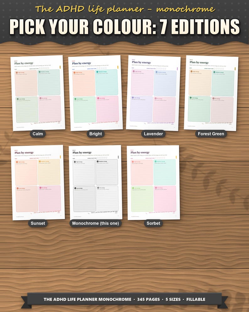The planner in 7 colour editions: calm, bright, lavender, forest green, sunset, monochrome and sorbet. This listing is the monochrome edition; each colour is its own listing
