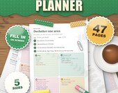 ADHD declutter planner printable and fillable, declutter one area page sorted into keep, donate, bin and not sure, 47 pages, 5 sizes