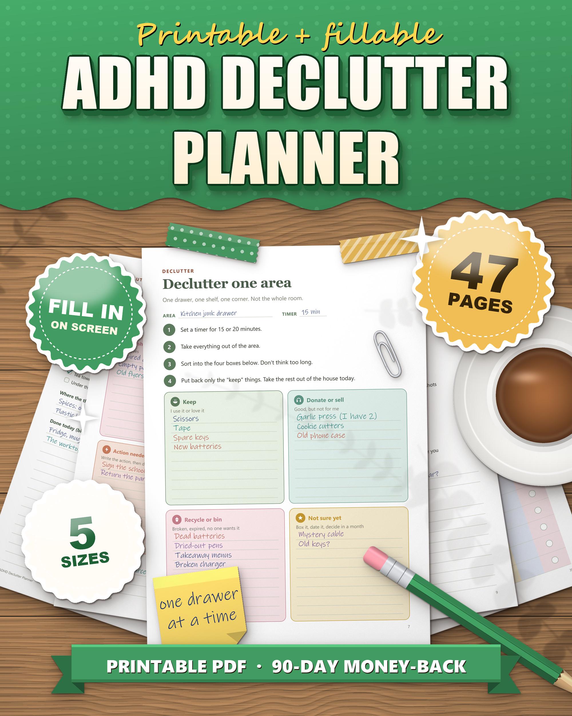 ADHD declutter planner printable and fillable, declutter one area page sorted into keep, donate, bin and not sure, 47 pages, 5 sizes