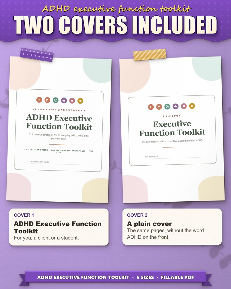 Two covers included: ADHD Executive Function Toolkit cover and a plain cover without the word ADHD
