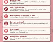 Frequently asked questions: what you get, typing into the PDF, no shipping, free updates, dated and undated, money back, sharing