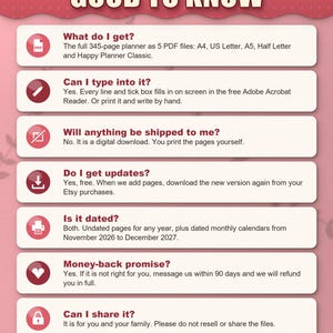 Frequently asked questions: what you get, typing into the PDF, no shipping, free updates, dated and undated, money back, sharing