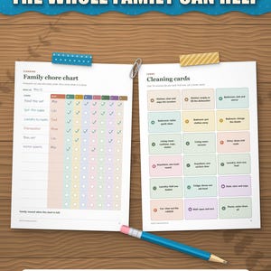 Family chore chart filled in for a family of four, next to the cut-out cleaning cards