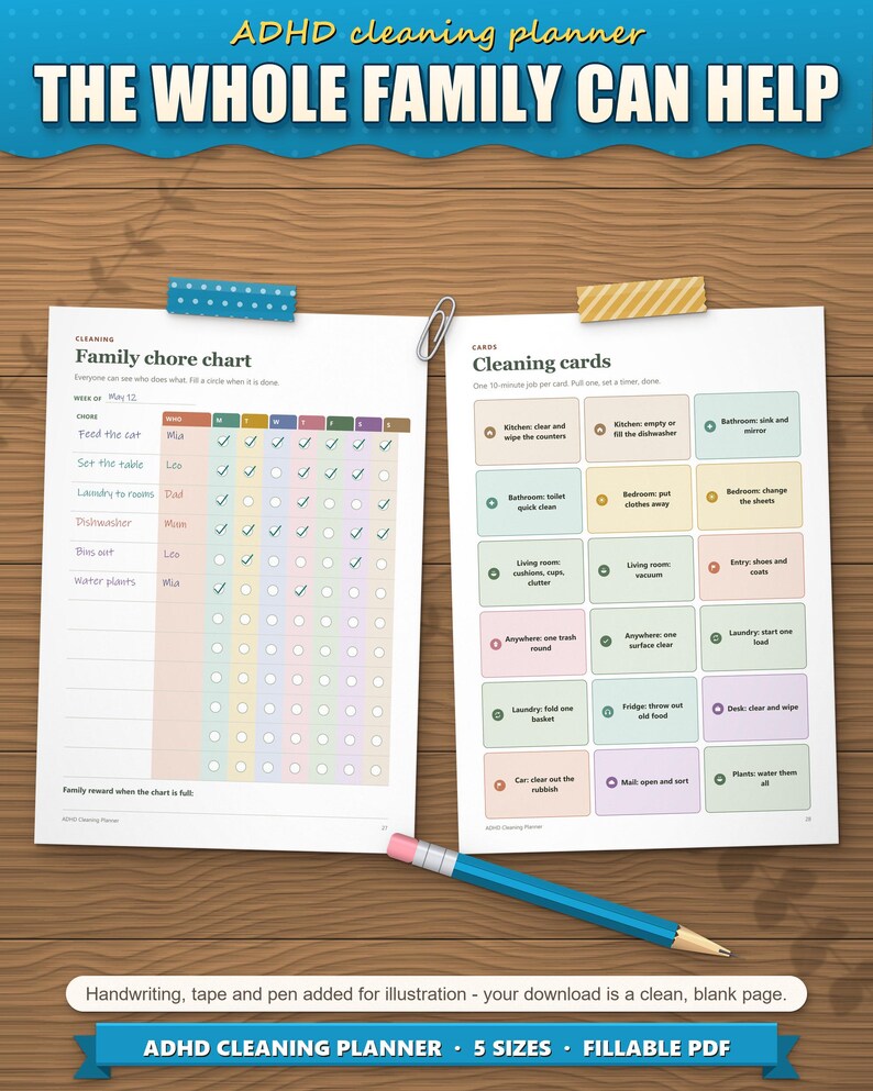 Family chore chart filled in for a family of four, next to the cut-out cleaning cards