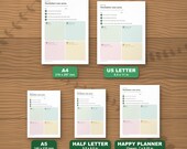 The declutter planner in five paper sizes shown to scale: A4, US Letter, A5, Half Letter and Happy Planner Classic