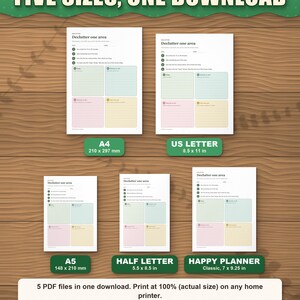 The declutter planner in five paper sizes shown to scale: A4, US Letter, A5, Half Letter and Happy Planner Classic