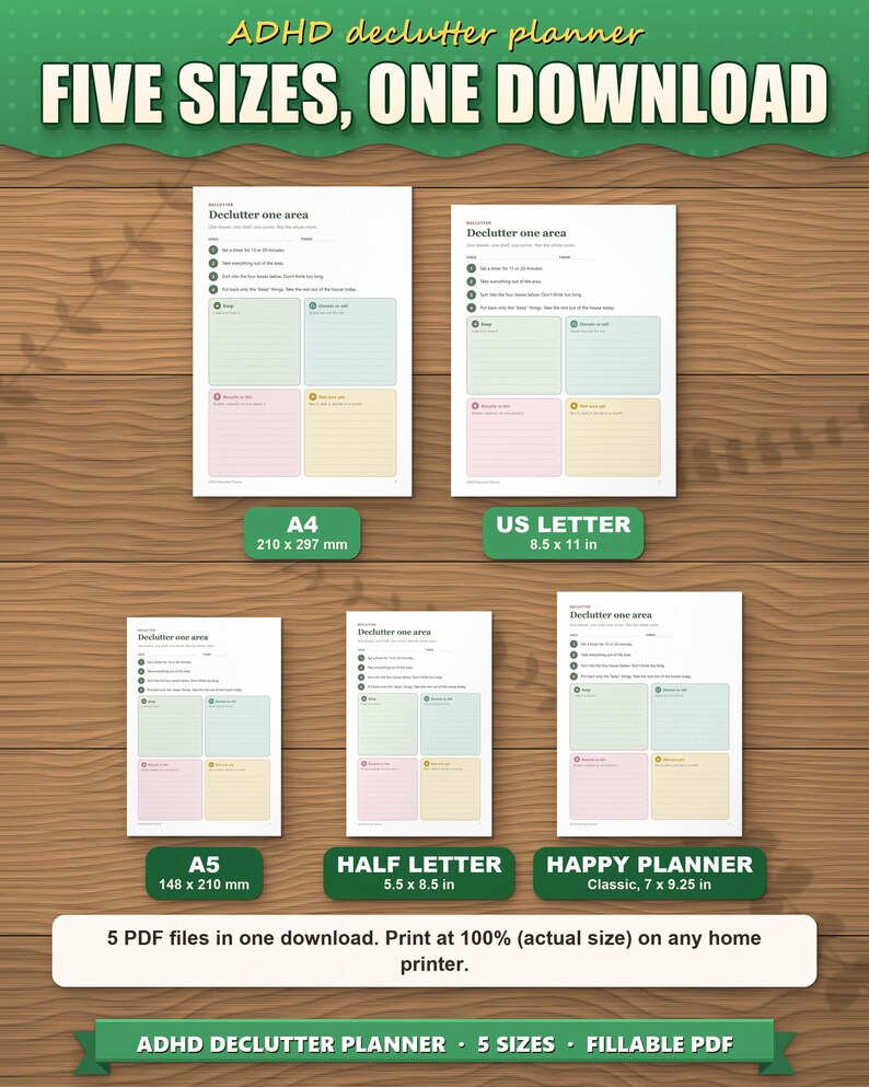 The declutter planner in five paper sizes shown to scale: A4, US Letter, A5, Half Letter and Happy Planner Classic