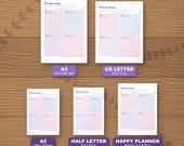 The planner in five paper sizes shown to scale: A4, US Letter, A5, Half Letter and Happy Planner Classic